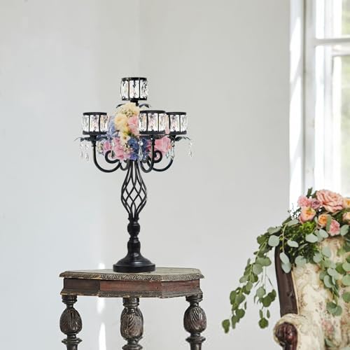 Black 23.2 Inch Tall Elegant 5-Arm Crystal Candle Candelabra Wedding Table Centerpiece