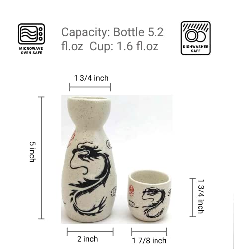 JapanBargain Porcelain Sake Set 5 oz White Dragon Design Microwave Safe