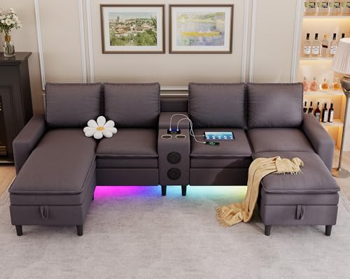120" Sectional Sofa with Bluetooth Speaker, Wireless Charging & Storage