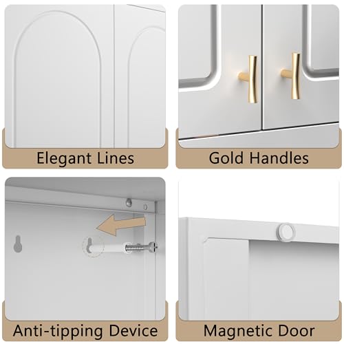 32" White Metal Wall Cabinet with 2 Doors & Gold Handle - Industrial Storage