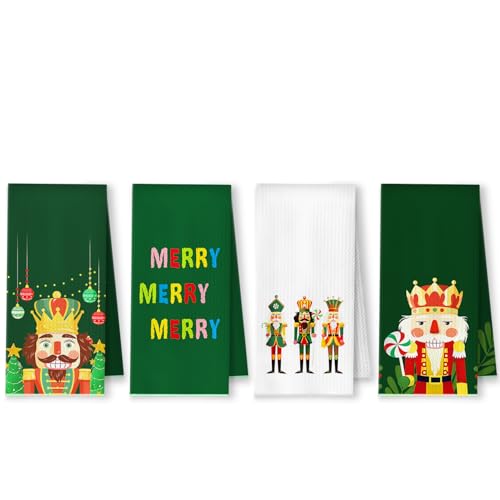 Green Nutcracker Christmas Kitchen Towels Set of 4, 16x24 Inches, Holiday Decor