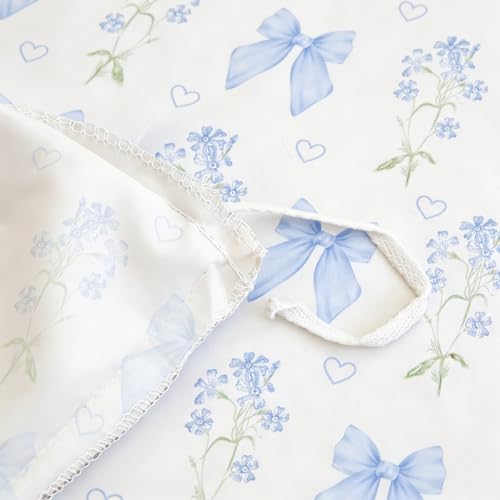Full Size Cotton Duvet Cover Set - Blue Floral Bowknot Bedding