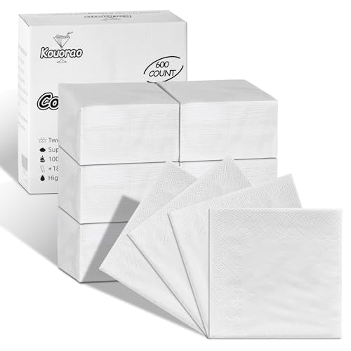 Kouorao White Disposable Cocktail Napkins 600 Count, 2-Ply 4.5x4.5 Inch Bulk for Weddings & Parties