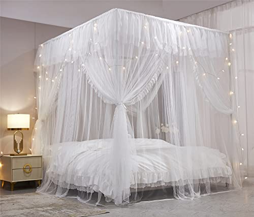 4 Poster Ruffle Princess Bed Canopy Curtain - Double Layer Mosquito Net