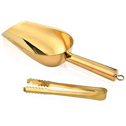 Akamino Gold Stainless Steel Ice Scoop & Tongs Set for Kitchen & Bar