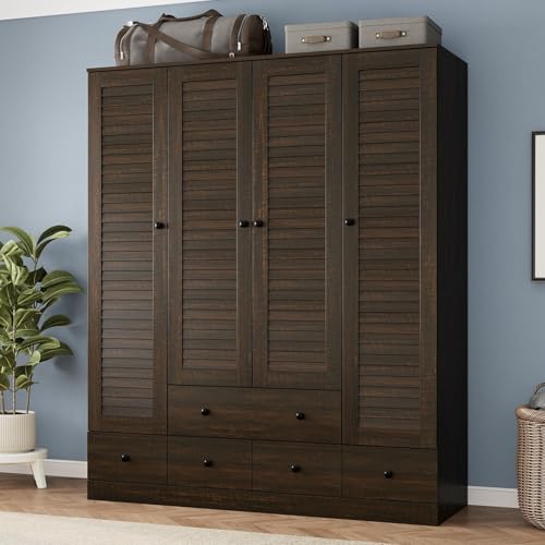 Tall Bedroom Wardrobe with Louvered Doors, Shelves, and Drawers - Vintage Brown