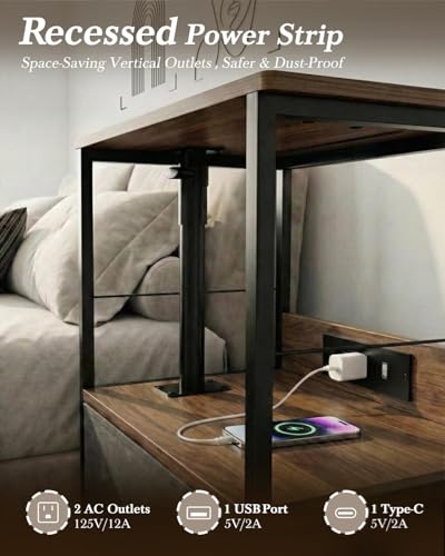 Swivel Top Nightstand with Charging Station and Fabric Drawer, Rolling Table