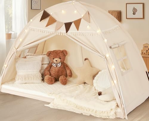 Twin Bed Tent Canopy for Kids with Flags & Star Lights - Portable Bedroom Privacy Tent