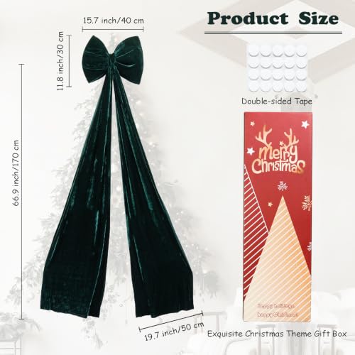 Dark Green Velvet Christmas Tree Topper Bow - Extra Large Holiday Decor Ribbon, 67x16in