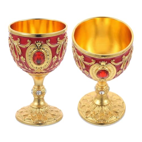 2-Piece Vintage Medieval Goblet Set - Gold and Red Alloy Wine Chalice