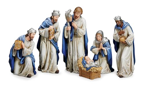 Blue and Ivory Nativity Set - 6-Piece Religious Christmas Decor