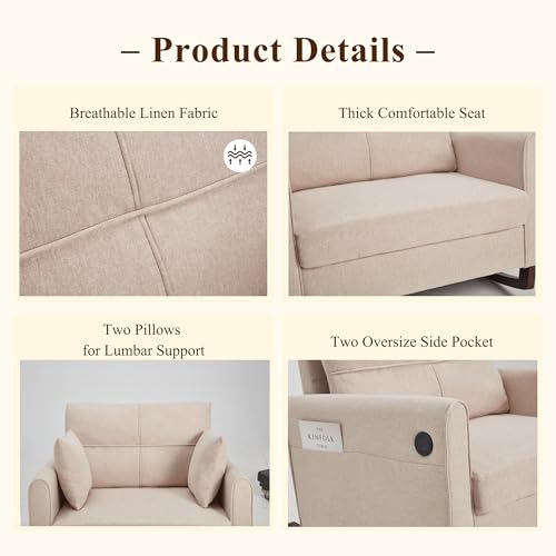 Oversized Upholstered Rocking Chair with USB Port and Side Pockets, Beige