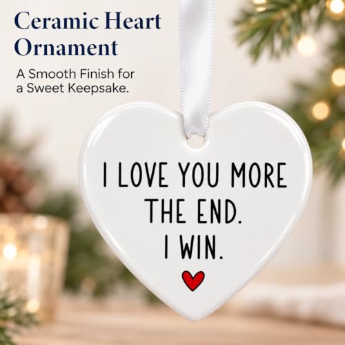 Personalized I Love You More Christmas Ornament - 3 Inch Ceramic Heart for Couples