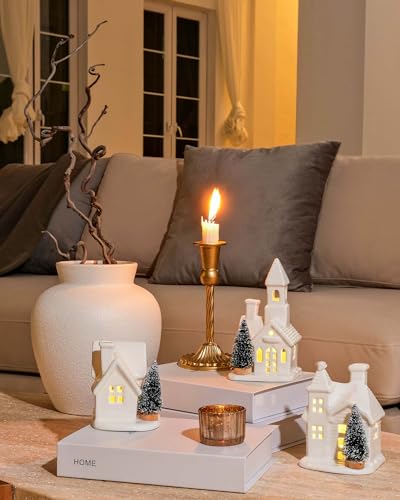 Lighted White Ceramic Christmas Village Houses with Trees - 3-Piece Set