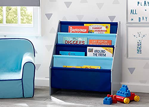 4-Tier Kids Sling Book Rack - Wooden Children's Bookshelf, Grey and Blue