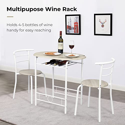 3-Piece Small Dining Table Set for 2 with Built-In Wine Rack, White & Light Oak