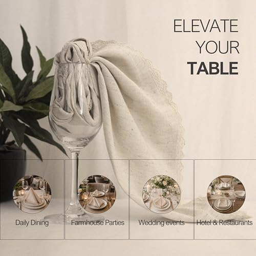 Ivory Lace Cloth Napkins 20x20 Inch - 12 Pack Cotton Linen Blend