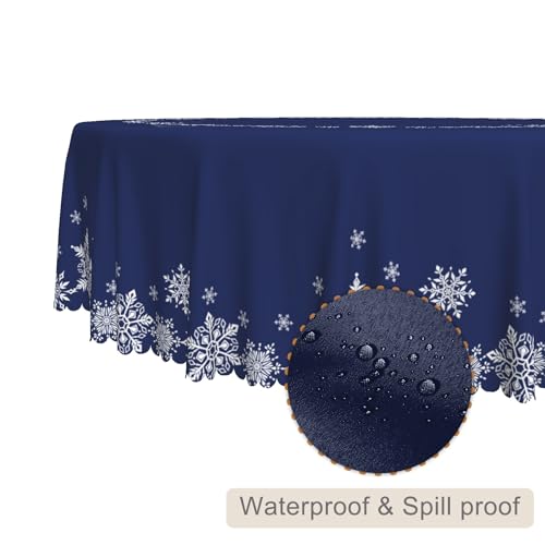 Christmas Round Tablecloth 54 Inch Navy Blue & White Snowflakes Reusable Fabric Cover