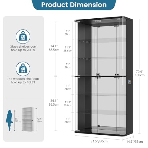 6-Tier 71-Inch Tall Glass Display Cabinet with RGB Lights and Motion Sensor