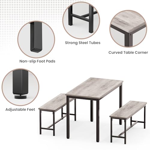 3-Piece Dining Table Set for 4 with 2 Storage Benches, Grey Industrial