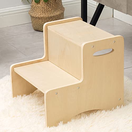 Beige Wooden Toddler Step Stool with Handles - Non-Slip Two Step Kids Stool for Bathroom & Kitchen