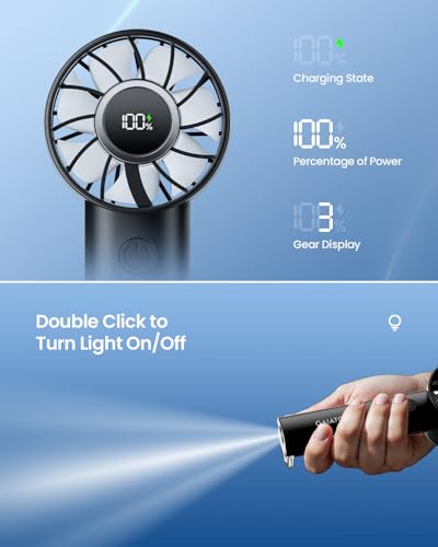 Gaiatop Portable Handheld Mini Fan with LED Display & Flashlight, 3-Speed Rechargeable Personal Cooling Fan for Travel, Black