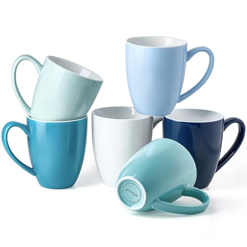 Assorted Blue Porcelain Coffee Mug Set of 6, 13 oz Tea & Latte Cups with Handle