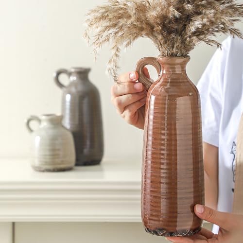 Rustic Ceramic Vases Set of 3 - Brown Boho Farmhouse Decorative Vases