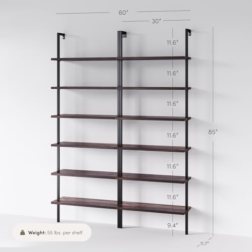 6-Tier Industrial Wall Mount Bookcase, Wood and Metal Open Shelf Set of 2