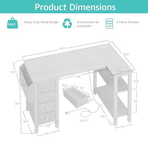 White 47-Inch L-Shaped Corner Computer Desk with Outlets & Drawers