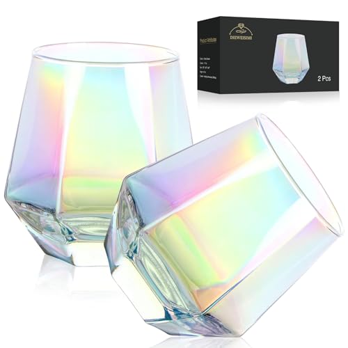 2PCS Iridescent Diamond Stemless Wine Glasses Set of 2 - Hand-Blown, Colorful Barware