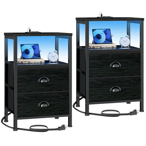 2-Piece Nightstand Set with Charging Station, LED Lights, and Fabric Drawers
