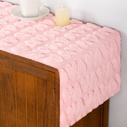 Pink Heart Valentine's Day Plush Faux Fur Jacquard Table Runner 13" x 72" - Socomi