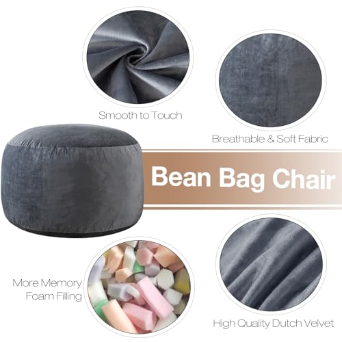 3ft Memory Foam Bean Bag Chair with Velvet Cover & Side Pocket - Dark Grey