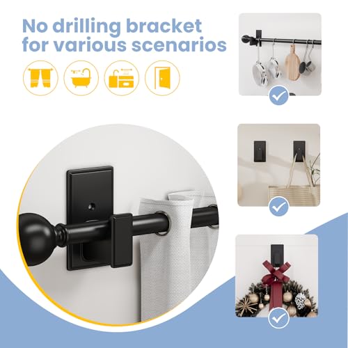 No Drill Curtain Rod Brackets - Adhesive Wall Hooks for 5/8" Rods (2 Pack)