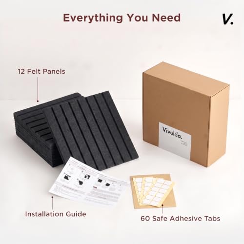 Acoustic Felt Wall Panels - 12-Pack Slatted Bulletin Board Tiles, Black