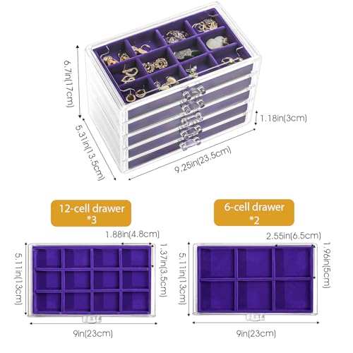 Purple Earring Holder Organizer Jewelry Box with 5 Removable Velvet Trays - Stackable, Compact Storage