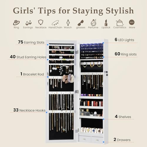 Lockable Jewelry Cabinet with Full-Length Mirror and LED Lighting