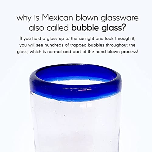 Handblown 20 oz Iced Tea Glasses with Cobalt Blue Rim, Set of 6