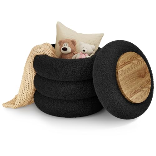 Round Teddy Storage Ottoman with Tray - 17.5 Inch Plush Vanity Stool