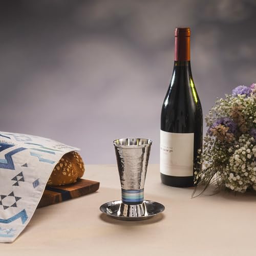 Yair Emanuel Nickel Kiddush Cup Set with Blue Ring - Silver Hammered Finish, Jerusalem Design