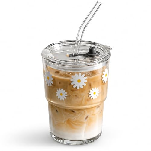 13oz Glass Tumbler with Straw and Lid - Reusable Iced Coffee Cup