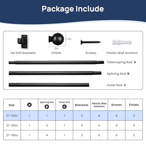 No-Drill Adhesive Curtain Rods 2 Pack - Adjustable 28-48 Inch, Black