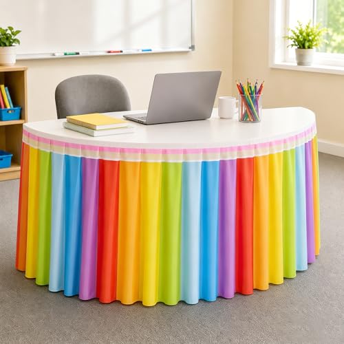 Rainbow Table Skirt for Teacher Desk - 14ft Wrinkle-Resistant Classroom Decor