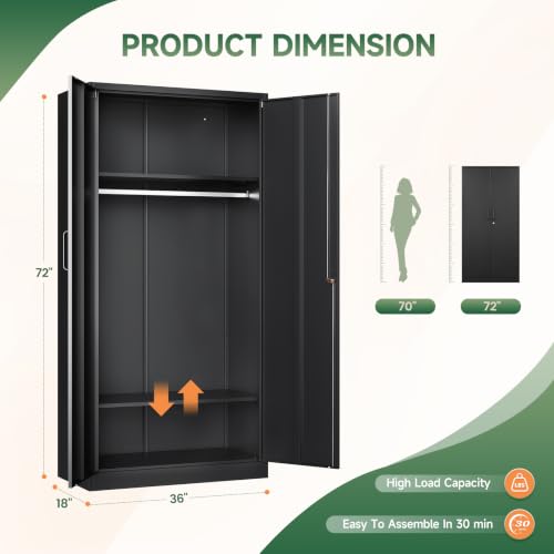 72-inch Metal Wardrobe Storage Cabinet with Adjustable Shelves and Lock