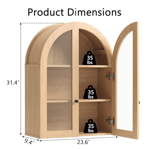Arched Bathroom Wall Cabinet with Glass Doors and Adjustable Shelves