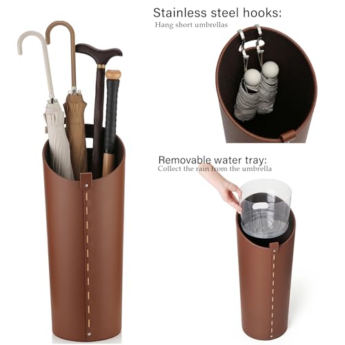 Modern Brown Leather Umbrella Stand with Drip Tray for Entryway