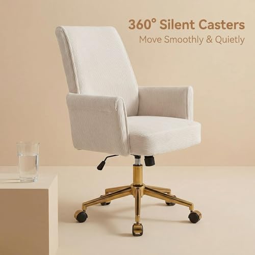 Cream Velvet Home Office Chair, Adjustable Swivel Task Chair with Armrests