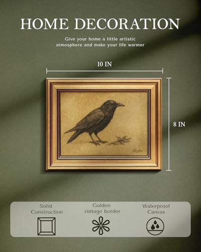 Vintage Crow Wall Art, 8x10 Gold Framed Gothic Animal Canvas Painting