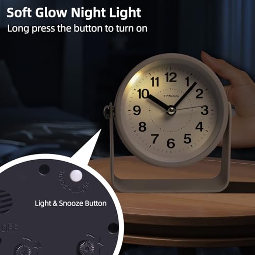 Compact Silent Analog Alarm Clock with Night Light and Snooze, Yellow